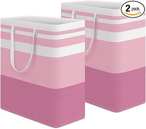 HomeHacks 2 Pack Large Laundry Baskets, Waterproof, Freestanding Laundry Hampers, Collapsible Clothes Hamper with Reinforced Handles in Laundry, College Dorm, Bathroom, Bedroom (Pink, 100Lx2)