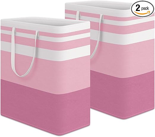 HomeHacks 2 Pack Large Laundry Baskets, Waterproof, Freestanding Laundry Hampers, Collapsible Clothes Hamper with Reinforced Handles in Laundry, College Dorm, Bathroom, Bedroom (Pink, 100Lx2)