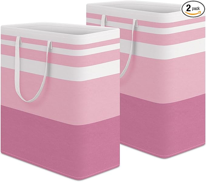 HomeHacks 2 Pack Large Laundry Baskets, Waterproof, Freestanding Laundry Hampers, Collapsible Clothes Hamper with Reinforced Handles in Laundry, College Dorm, Bathroom, Bedroom (Pink, 100Lx2)