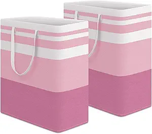 HomeHacks 2 Pack Large Laundry Baskets, Waterproof, Freestanding Laundry Hampers, Collapsible Clothes Hamper with Reinforced Handles in Laundry, College Dorm, Bathroom, Bedroom (Pink, 100Lx2)