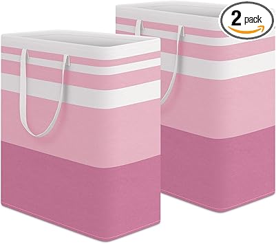 HomeHacks 2 Pack Large Laundry Baskets, Waterproof, Freestanding Laundry Hampers, Collapsible Clothes Hamper with Reinforced Handles in Laundry, College Dorm, Bathroom, Bedroom (Pink, 100Lx2)
