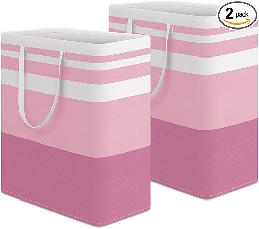 HomeHacks 2 Pack Large Laundry Baskets, Waterproof, Freestanding Laundry Hampers, Collapsible Clothes Hamper with Reinforced Handles in Laundry, College Dorm, Bathroom, Bedroom (Pink, 100Lx2)