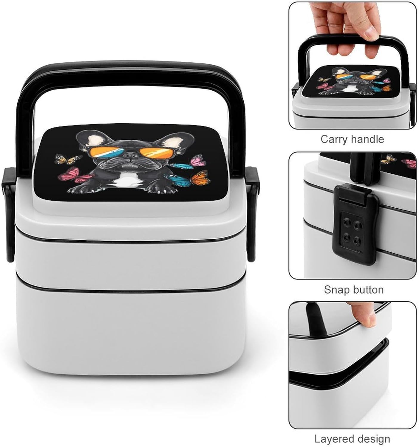 French Bulldog Bento Box with Spoon 2 Layer Food Container Cute Lunch Box for Travel Dining Work