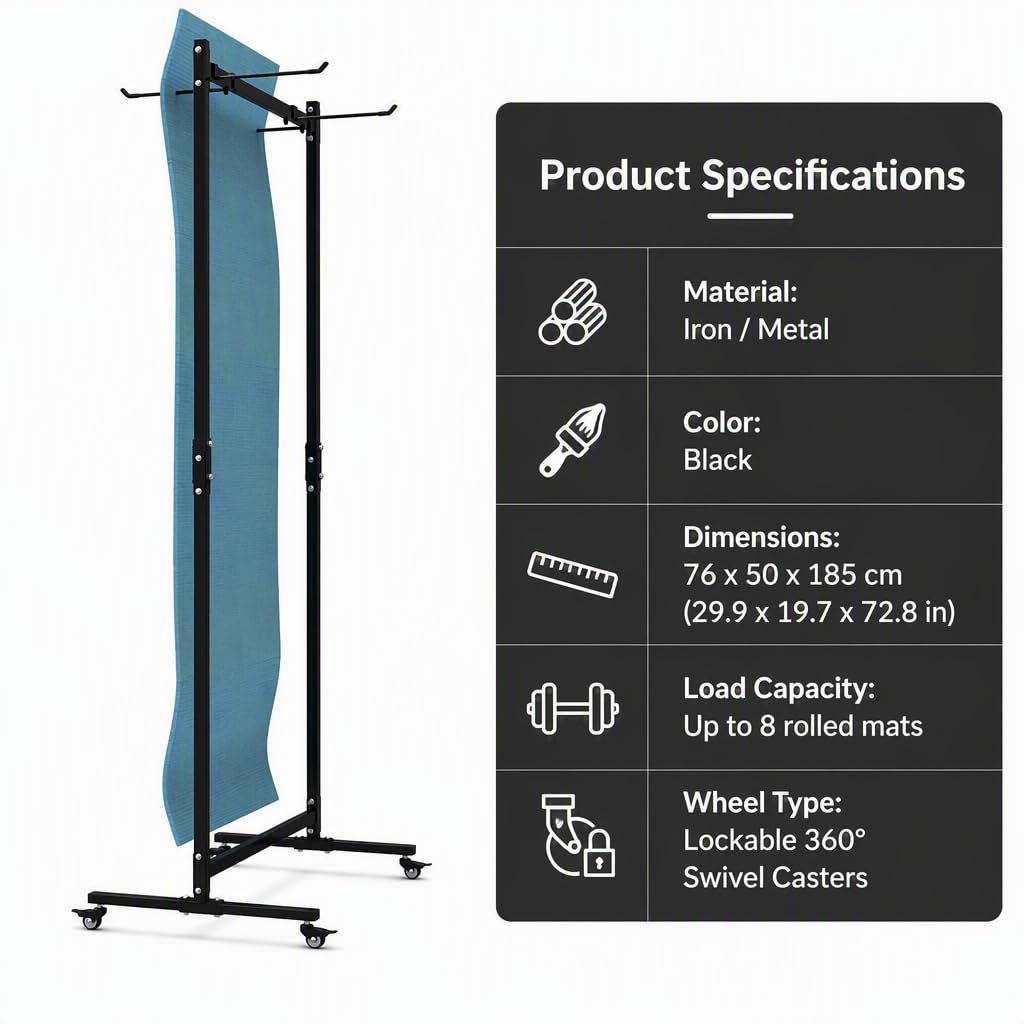 Carrito Independiente de Metal Negro para Guardar esterillas de Yoga, con Ruedas con Bloqueo y Gancho, Capacidad para 40 esterillas, Ideal para el hogar y el Gimnasio.