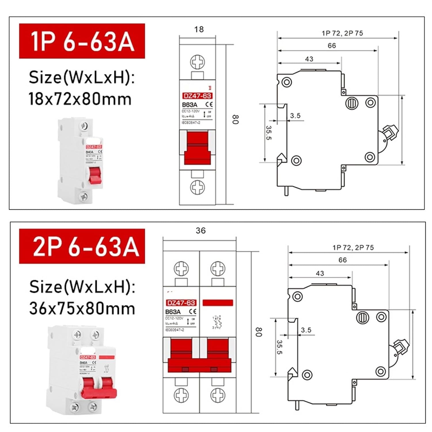 BAWHO DC MCB 12V 24V 48V 60V 110V Circuit Breaker Battery Protect Switch Positive Negative Short Circuit 2P 10A 20A 50A 100A 125A 150A 1Pcs(1P,125A)