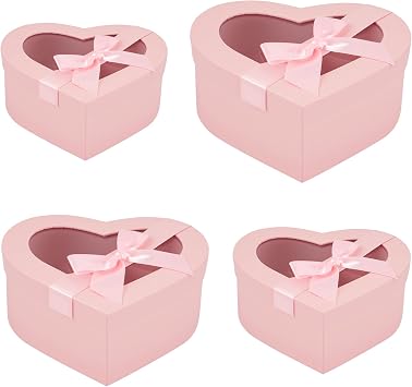 Povxlum 4 PCS Heart Shaped Gift Boxes with Clear Lids for Flower Present Arrangements Nesting Gift Boxes for Wedding Birthday Valentine Baby Showers Bridesmaid Present Packaging Pink