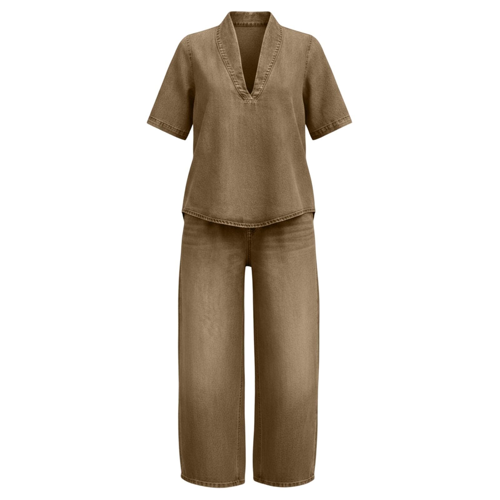 Survêtement 2 pièces pour femme - Pour l'été - Haut à manches courtes avec fronces et pantalon long large avec poches - Vêtements de détente respirants pour les voyages, les loisirs et la maison