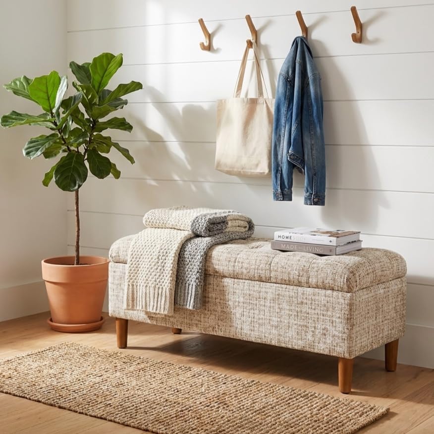 Image of HomePop 40 inch Ainsley Button Tufted Storage Bench - Cream Textural Woven