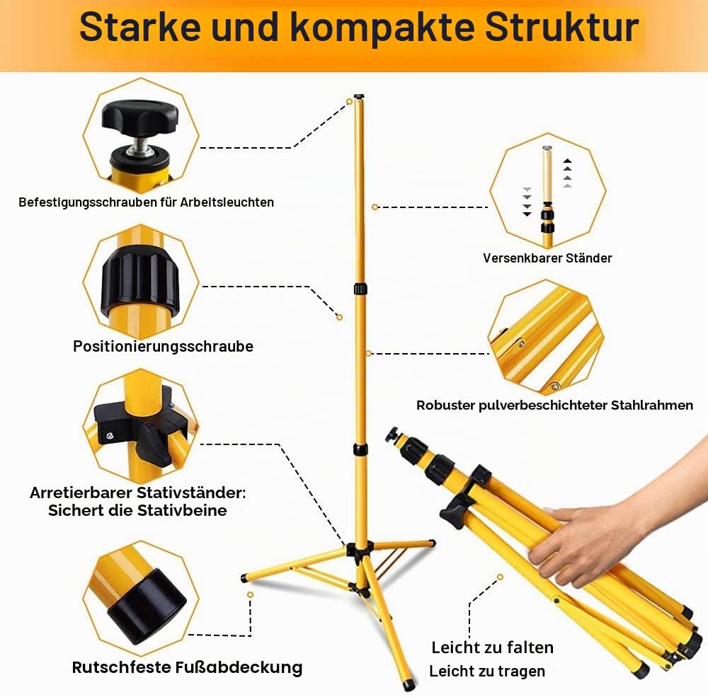 LED Baustrahler mit Stativ, 100W 8500LM LED Strahler 6000K Kaltweiß Baustellenleuchte mit 1m Kabel, HöHenverstellbar 360 Grad Drehbar, IP66 Wasserdicht fü Innen-Außen(kein Stecker)