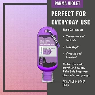 Palm Safe Parma Violet 60ml Anti Bacterial Premium Hand Sanitiser Travel Size Refillable Clip Bottle Quick Drying Non Sticky Extra Moisturising Kills 99.9% of Viruses and Bacteria