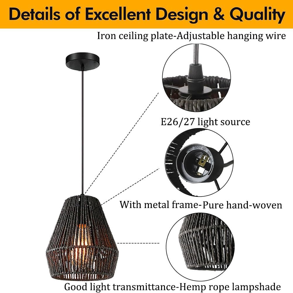 Hemp Rope Lights Black Vintage Lantern, Farmhouse Lamp - Easy to Install Kitchen Island Fixtures Modern Creative 7.8'' Suspension Lamp for Dining Room Bedroom Bedsides