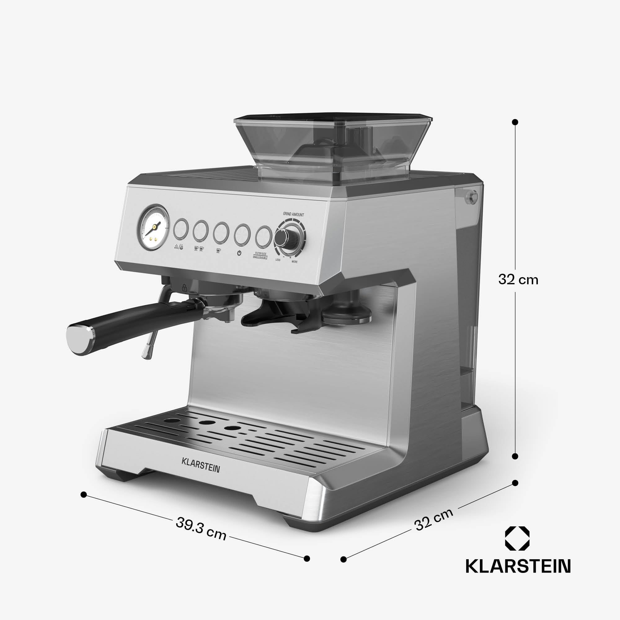 Klarstein GrandPresso Ekspres kolbowy z młynkiem – 20 barów, 1350 W, Zintegrowany precyzyjny młynek, Dysza parowa, Zbiornik 2,3 l, Podgrzewacz filiżanek