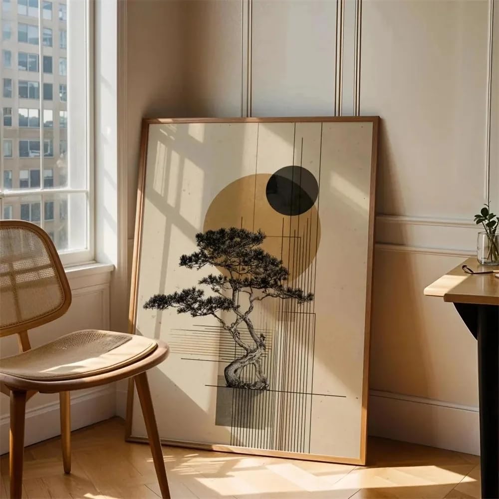 Ltjiajuypd Frameless Canvas Prints Japan Bonsai Wall Art Minimalist Japanese Poster Zen Nature Print Abstract Sun Illustration Poster(70X100cm/Frameless)