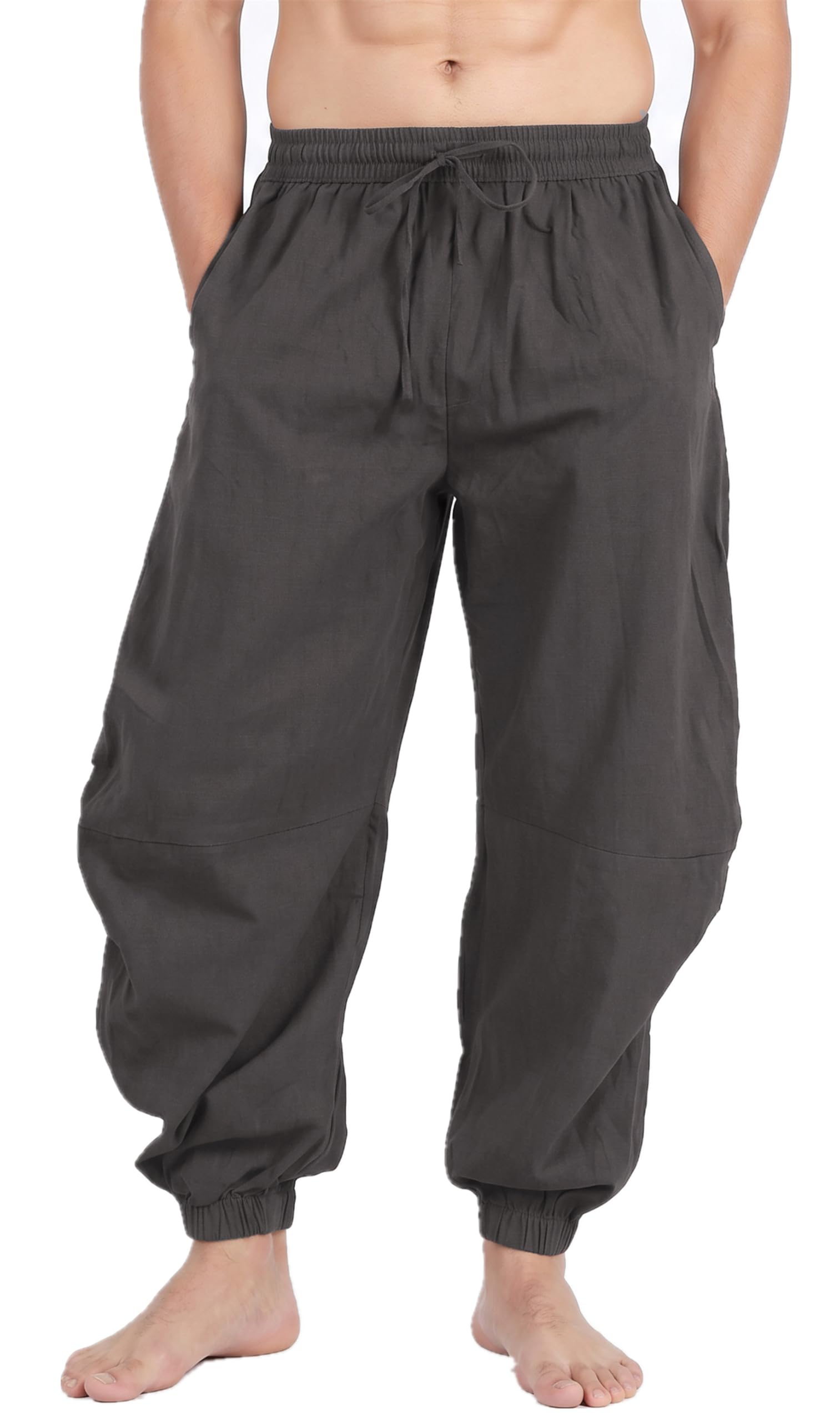 Mens Casual Cotton Linen Pant Elastic Waist Drawstring Yoga Jogger Pants