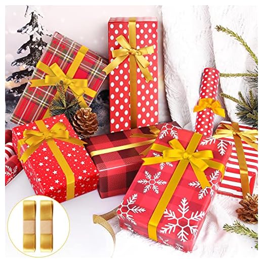 Papel de Regalo Navidad, 12 hojas Papel Regalo Navideño Papel Envolver Regalos Navidad, Papel de Regalo Kraft con 2 Cinta Amarilla para día de San Valentín
