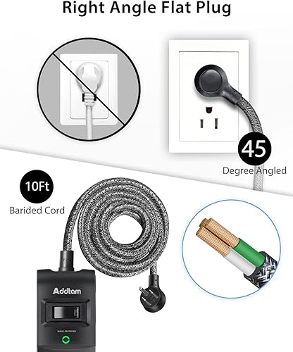 Miniatura 8 de Regleta protectora de sobretensiones de 10 pies de largo, cable de extensión con múltiples tomas, 5 tomas de corriente amplias, 3 puertos de carga