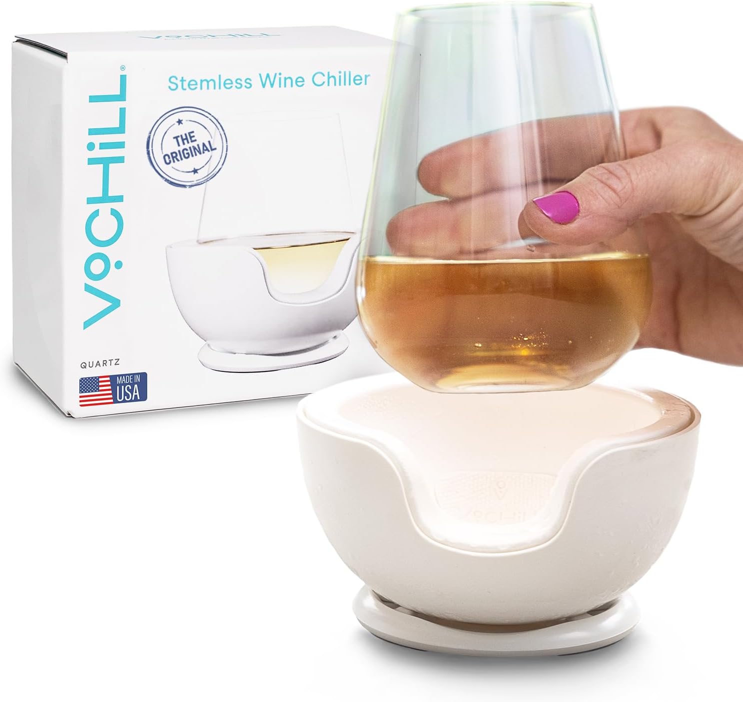 VoChill Stemless Wine Glass Chiller | Keep the Chill In Your Glass | Made in the USA | Separable & Refreezable Chill Cradle | Actively Chills Stemless Glassware | Quartz, Single Stemless