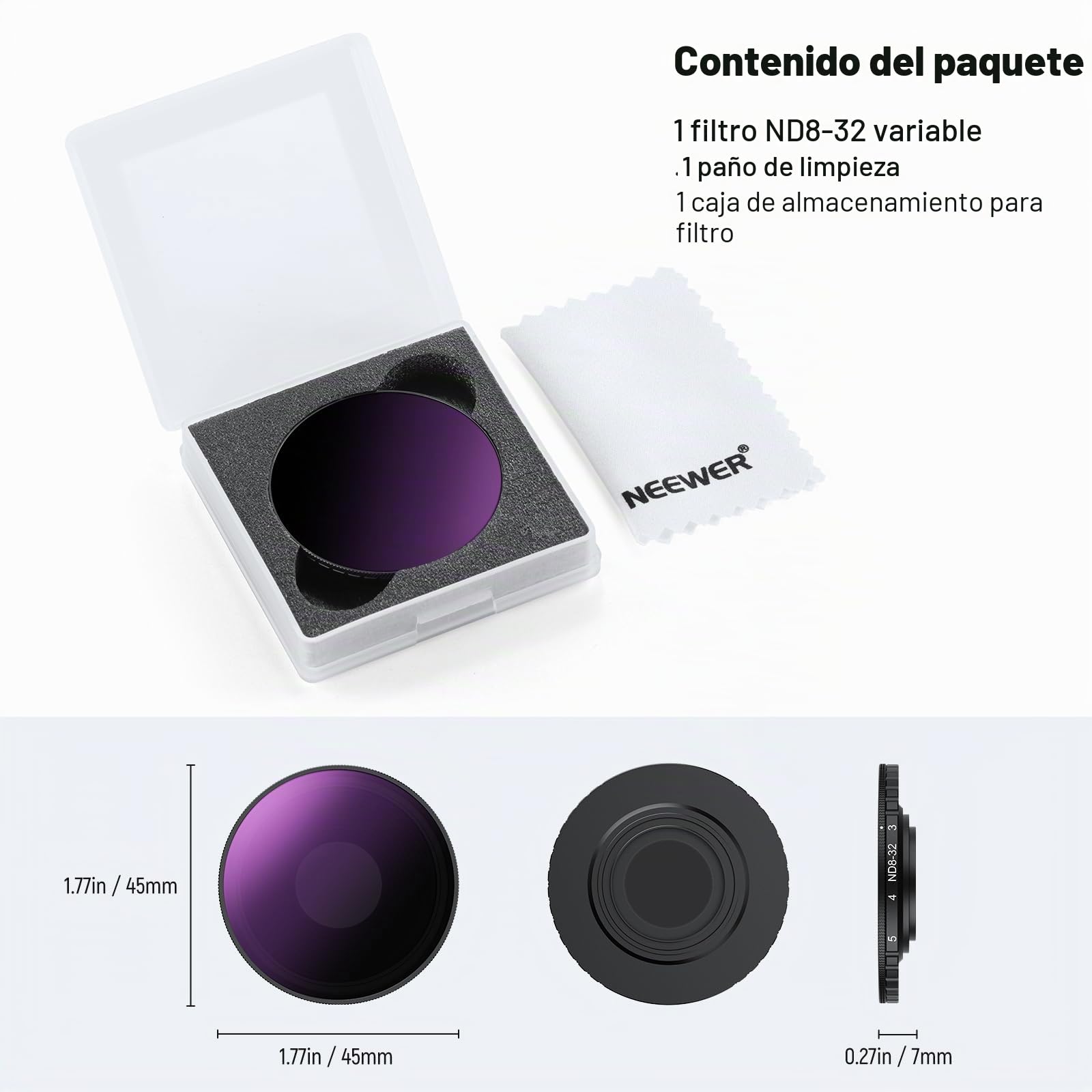 NEEWER Variable ND Filtro Compatible con dji Osmo Action 5 Pro & Action 4, ND8-32 (3-5 Pasos), Filtro de Objetivo de Densidad Neutra de Rosca, Cristal Óptico HD Multicapa Action CAM Accesorios