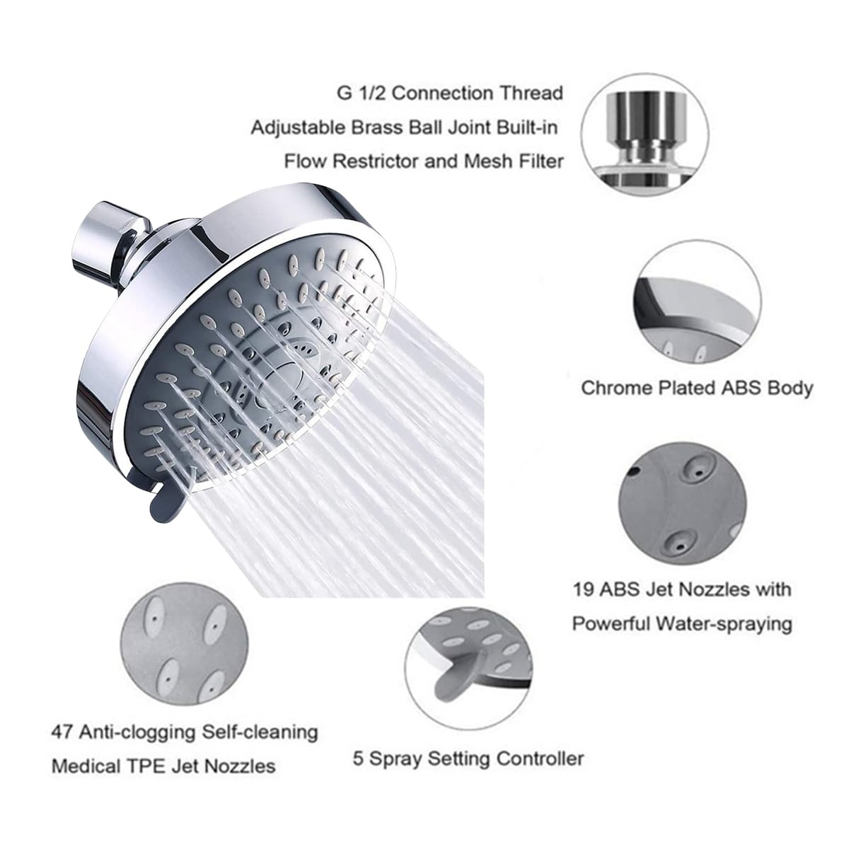 Michear Rainfall Shower Head High Pressure Fixed Shower Head 5-Setting with Adjustable Metal Swivel Ball Joint Chrome Rain Setting Shower Heads Replacement Shower Head Universal G1/2 Fitting (Silver) - Image 2