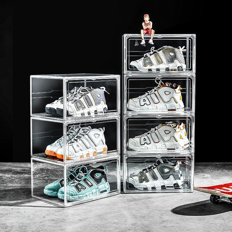 Image of Story@Home 6 Pack Sneaker Box | Sneaker Containers Bins, Shoe Container & Storage Box, Clear Plastic Stackable Shoe Organizer for Closet, Space Saving, Foldable, White Transparent, Pack of 6