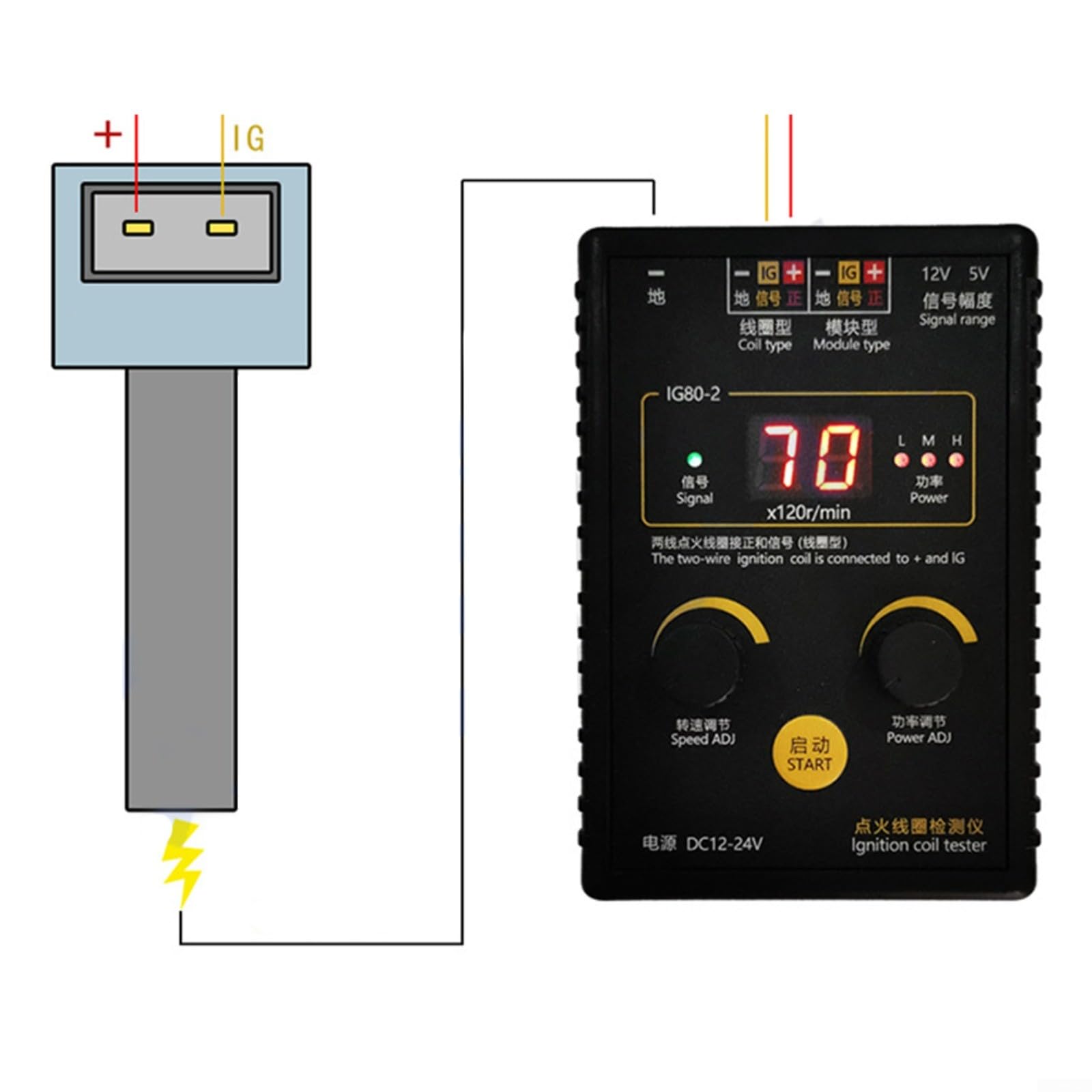 IG80-2 Zündspulen Tester für 12V-24V Fahrzeuge, Erdgas &, Prüfgerät mit einstellbarer Leistung, 2-7 Pin Spulen, Schwarz