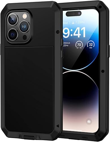 Lanhiem Funda de metal para iPhone 14 Pro Max resistente a prueba de golpes armadura resistente Funda resistente con protector de pantalla integrado