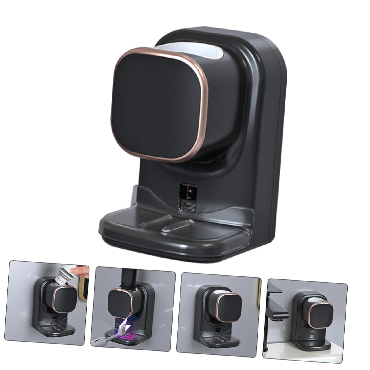 Dispenser Elettrico per Dentifricio Sensore Nero in Plastico | Montaggio senza Fori, Adatto per Crema Mani e Detergente Viso, Cavo USB Incluso