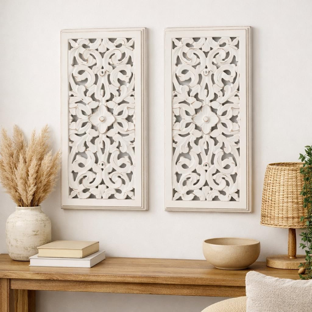 Expobazaar India - Juego de 2 paneles de pared de madera tallada a mano, color blanco lavado, arte decorativo de pared de madera con espejo, paneles rústicos para decoración de pared para sala de estar, dormitorio y entrada