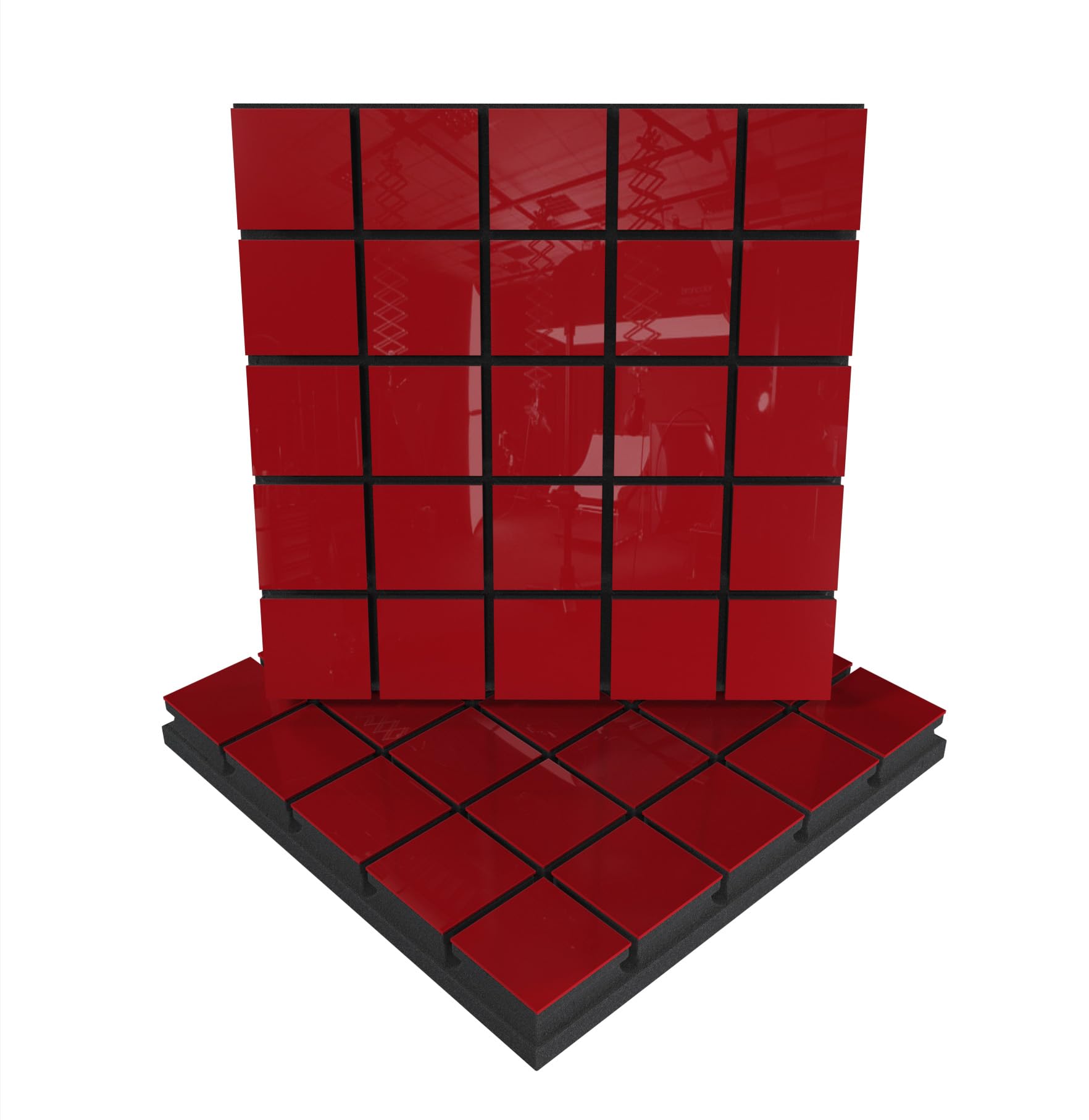 Panel akustyczny pochłaniający dyfuzję akustyczną | 50 x 50 x 5 cm | Absorpcja - rozpraszanie - odbicie - izolacja akustyczna | Kolorowe płytki: (x2 GRID, błyszczący czerwony plastik)