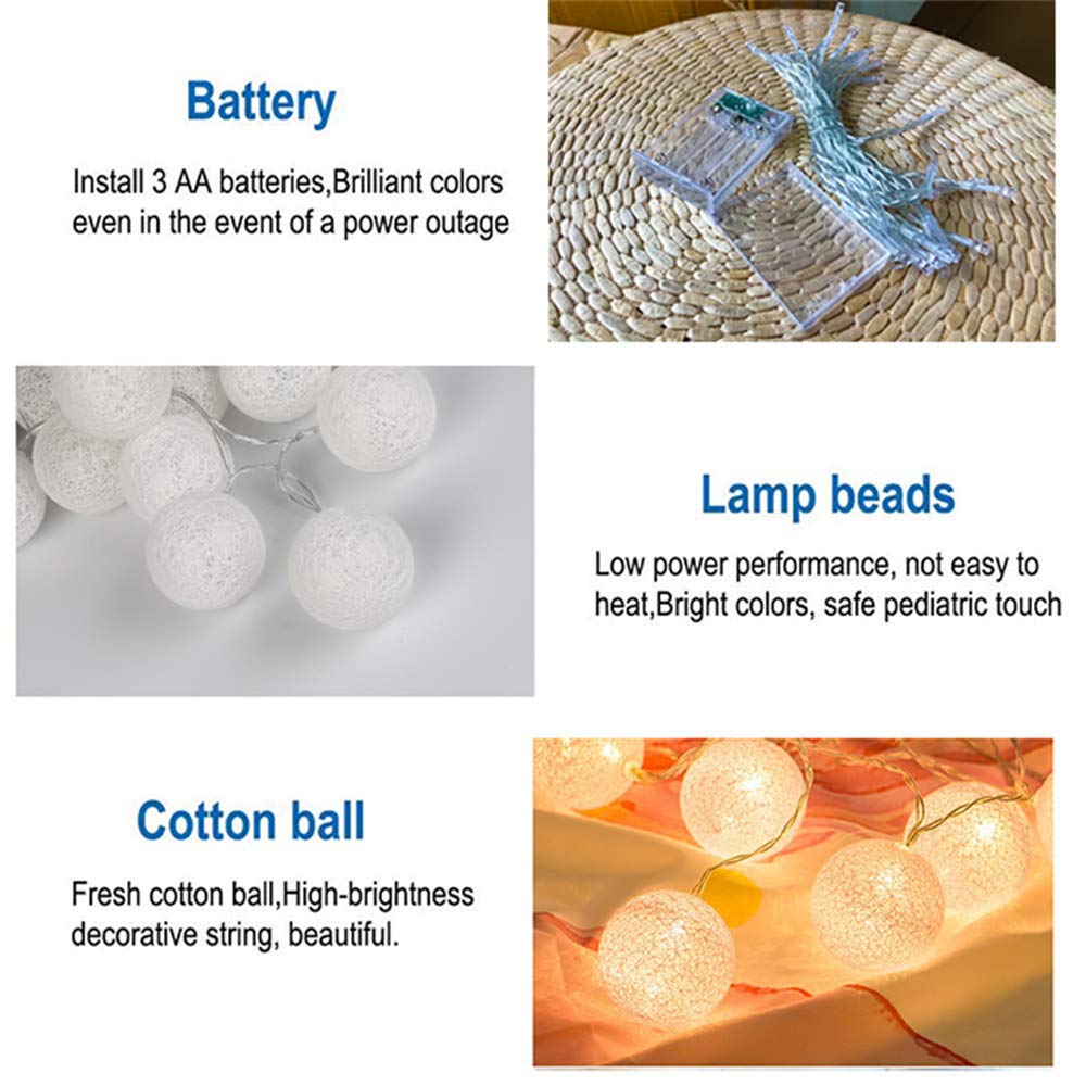 Hileyu Luci A Stringa Con Sfere Di Cotone 3m | 20 Palle LED Bianco Caldo A Batteria Per Decorazioni Natalizie, Feste, Matrimoni | Grigio