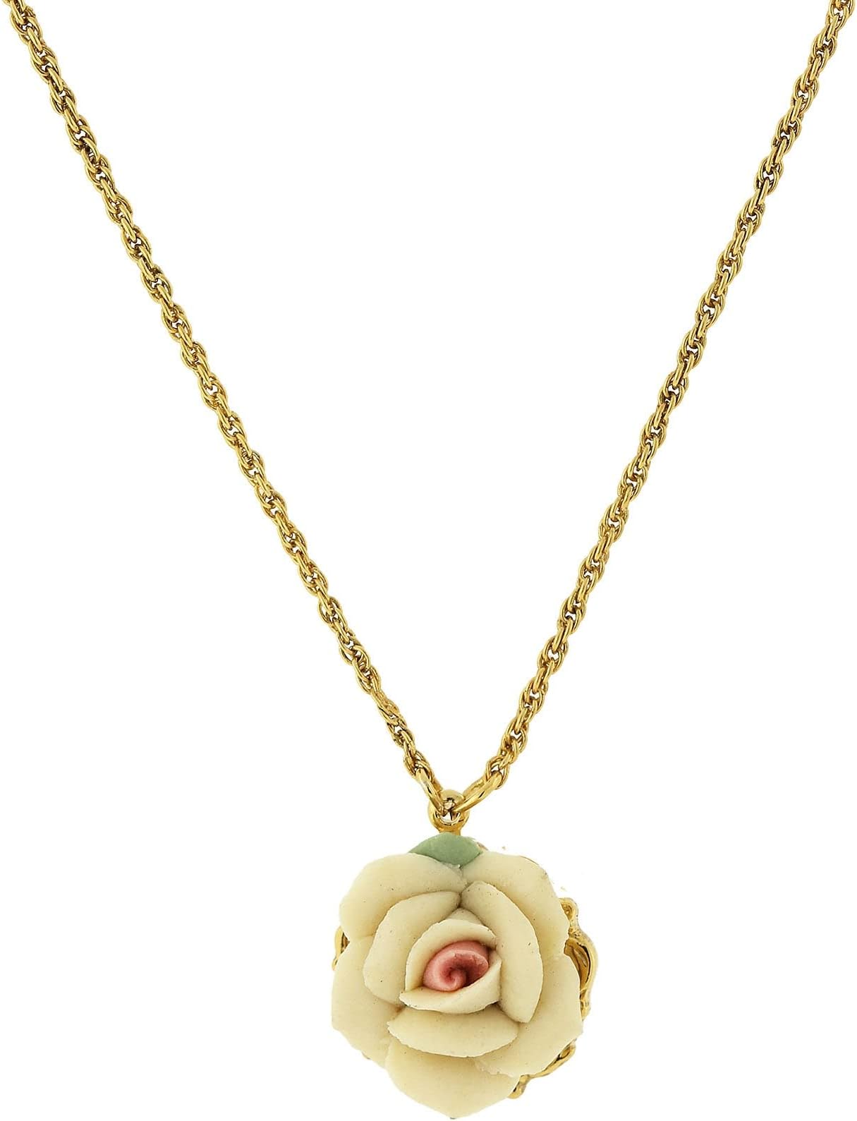 1928 Jewelry Genuine Porcelain Rose Pendant Necklace For Women 16" + 3" Extender, Handmade Flowers, Timeless Floral Jewellery, Made In USA
