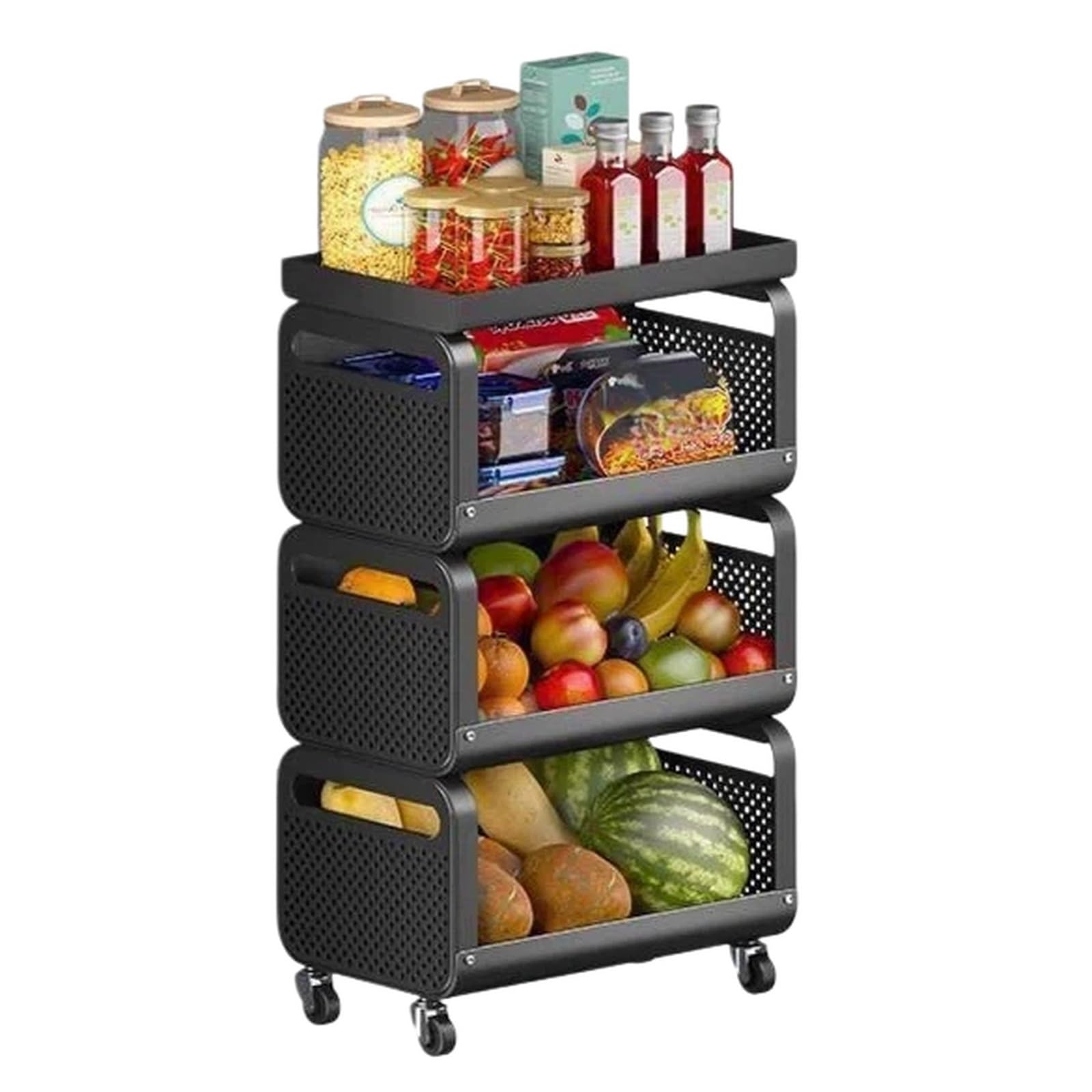 ZYYANSHOP Kitchen Storage Cart Movable 3-tier Kitchen Storage Cart Fruit and Vegetable Basket Organizer Shelf(Black)