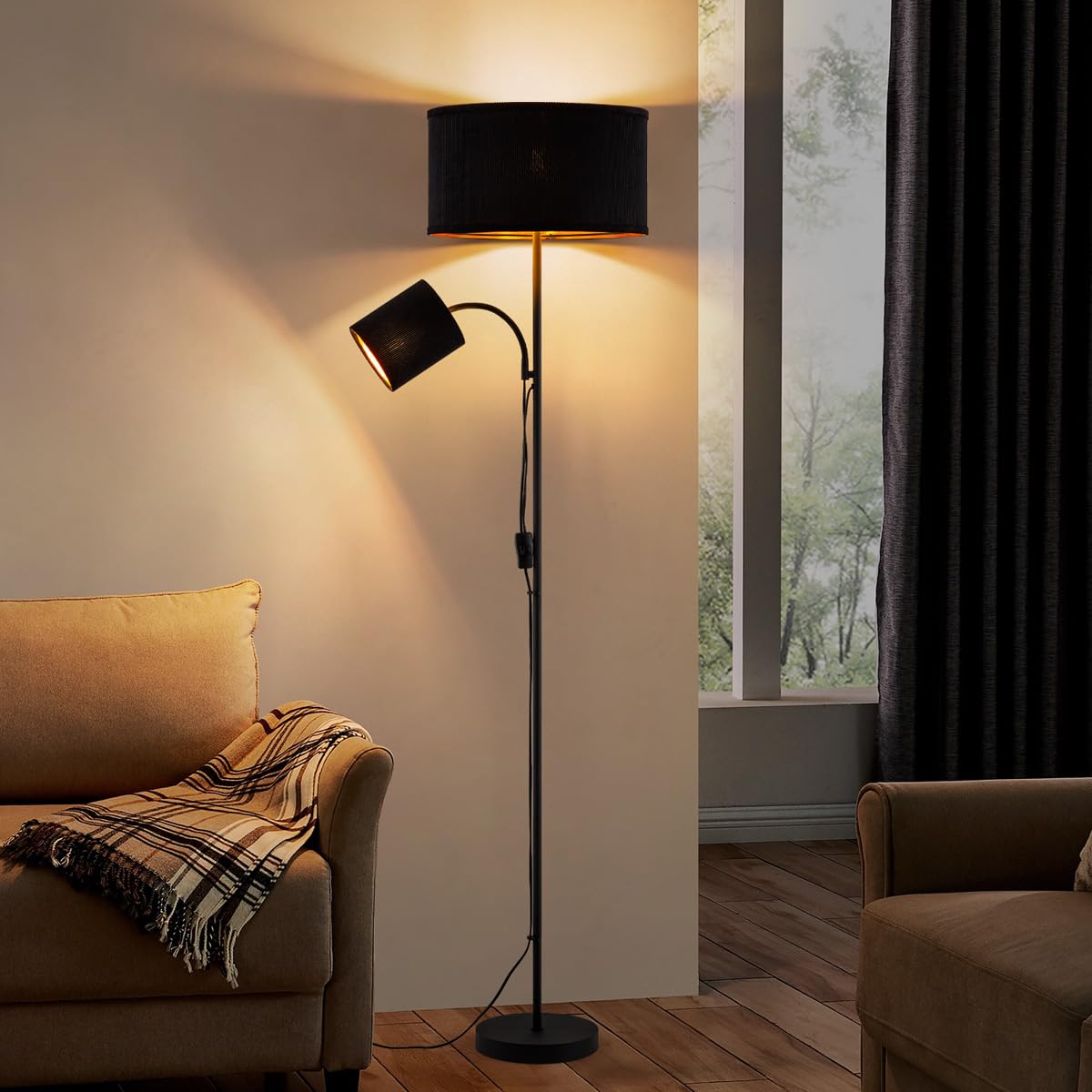 Home Sweet home Stehlampe Schwarz mit Leselampe – 175 cm Stehleuchte mit Corduroy Lampenschirm - 2 LED Leuchtmittel (2700K) - Moderne Standleuchte für Wohnzimmer & Lesen