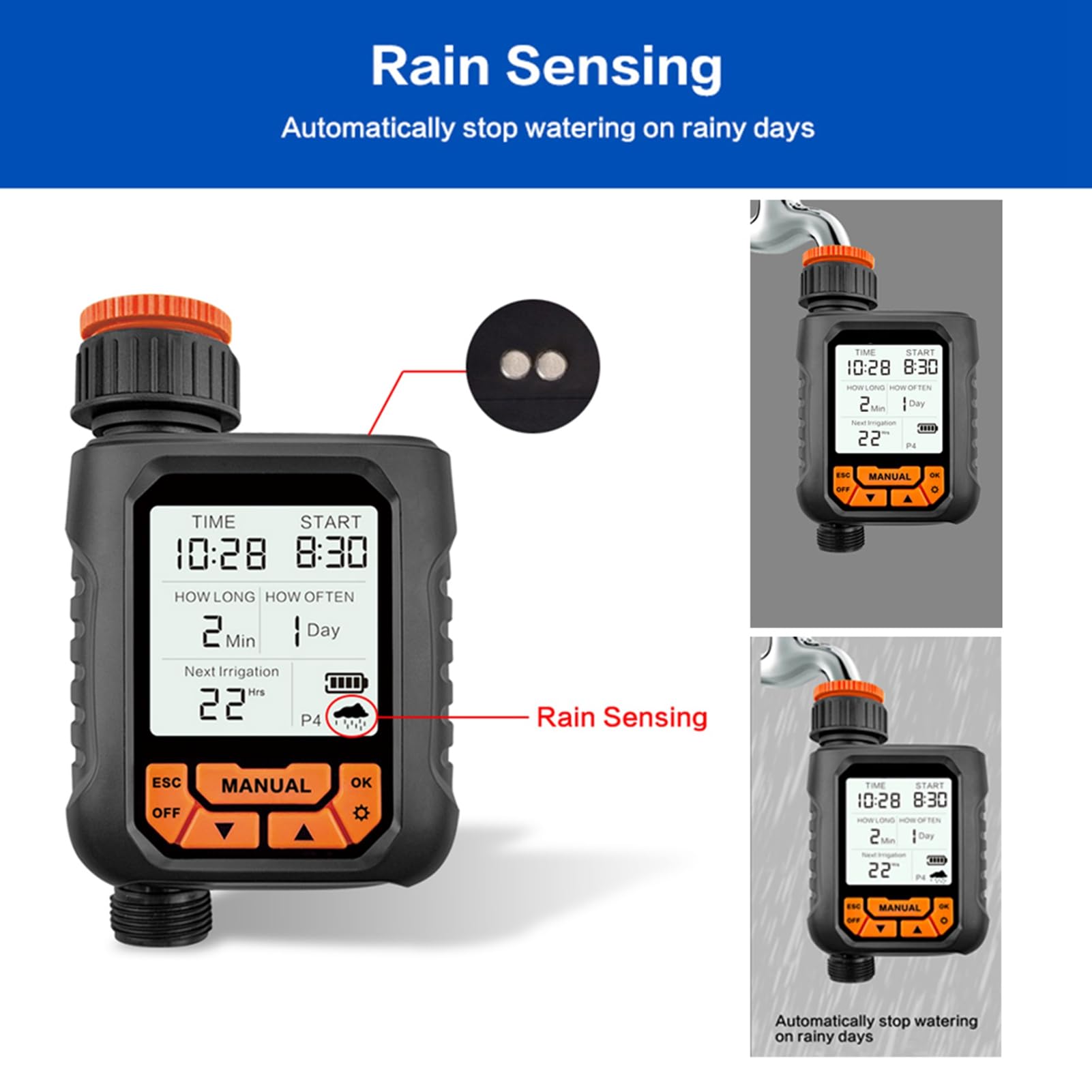 Timer zraszacza Timer nawadniania na zewnątrz do węża ogrodowego 1 wylot Duży ekran LCD Programowalny timer nawadniania do trawnika Ręczne automatyczne nawadnianie z czujnikiem (Z czujnikiem deszczu)