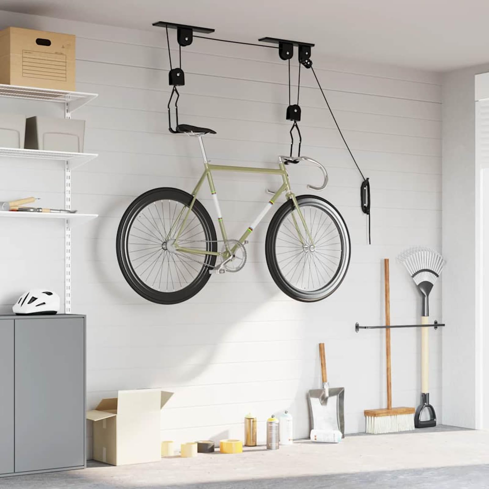 Fahrradlift Deckenlift Fahrradheber Schwarz Stahl 20 kg Belastbarkeit für Garage Keller Fahrrad E-Bike Kajak Leiter Aufbewahrung 156339