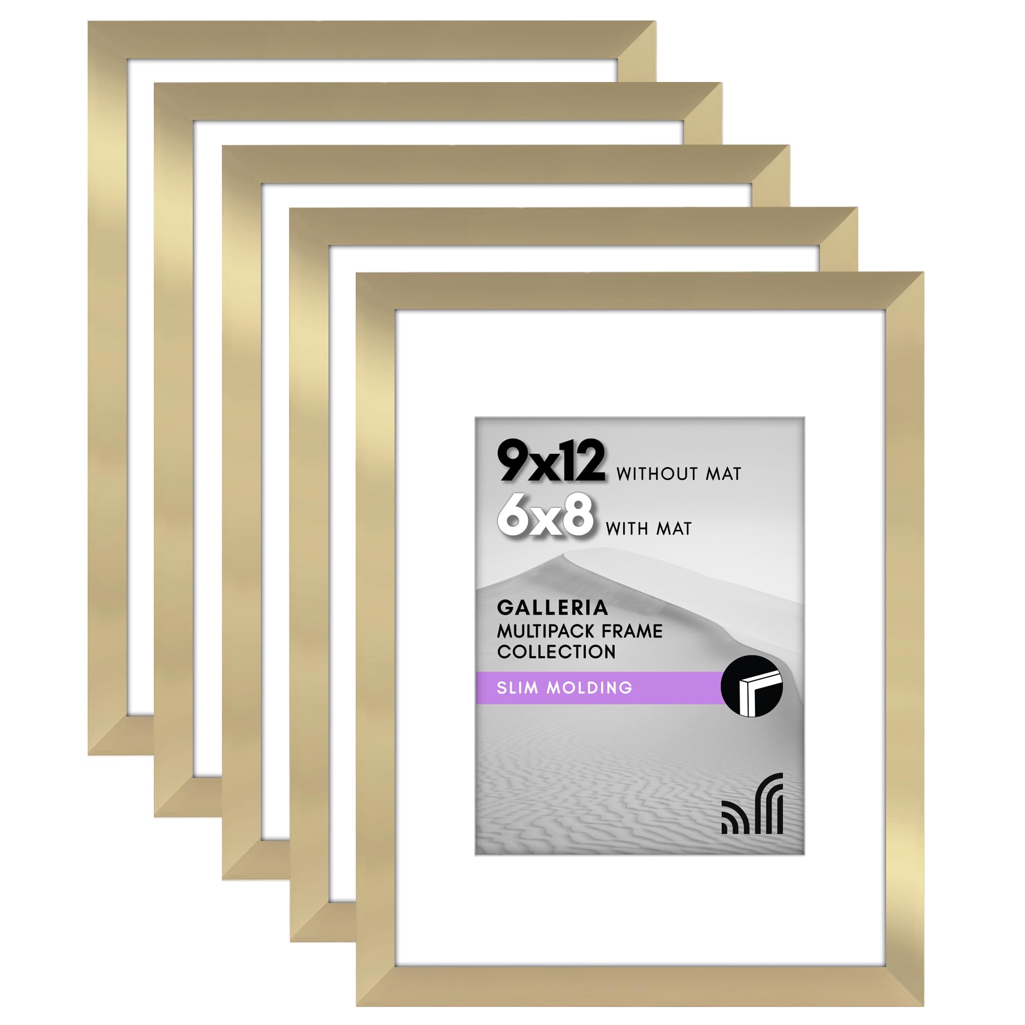 Americanflat 9x12 Picture Frame Set of 5 in Gold - Use as 6x8 Picture Frame with Mat or 9x12 Frame Without Mat - Picture Frames Collage Wall Decor with Plexiglass Cover - Gallery Wall Frame Set