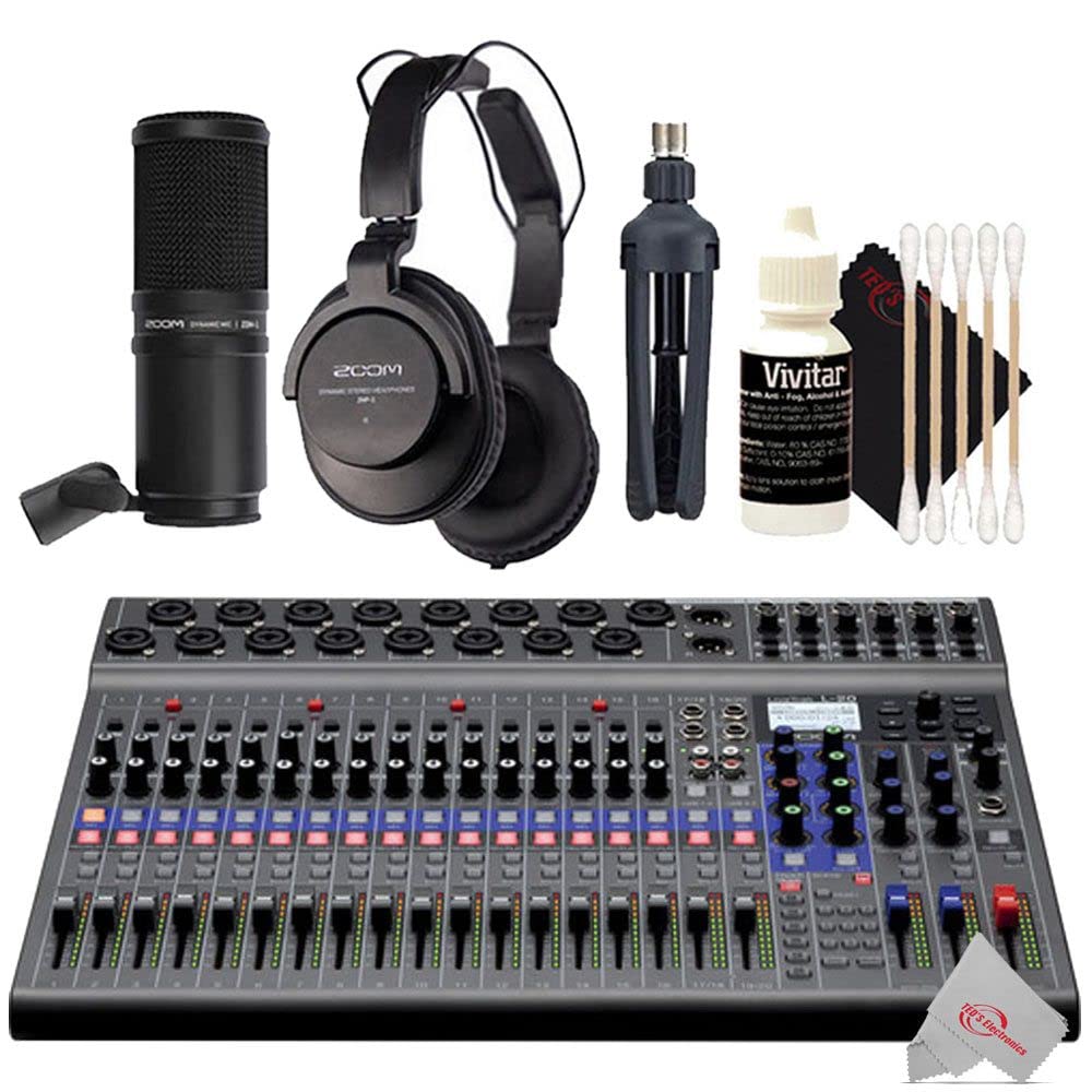Zoom LiveTrak L-20-20-Input Digital Mixer & Multitrack Recorder + Zoom ZDM-1 Podcast Mic Pack Accessory Bundle + 3pc Cleaning Kit