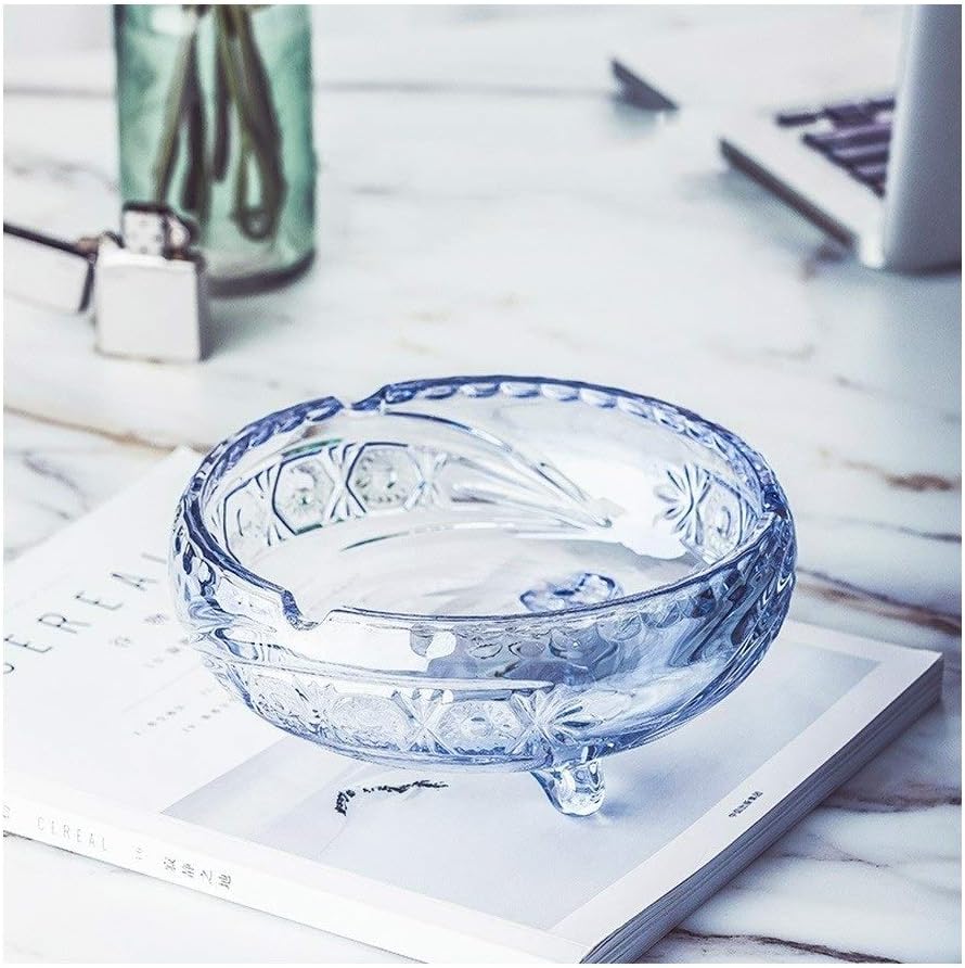 Home Ashtray Large Deep Crystal Glass Ashtray,Round,Clear,Smoke Cigars Cigarettes Tabletop Tray,Unique Etched Pattern,Decoration,Gift Household ashtrays(B,L)