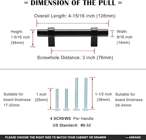 Miniatura 6 de AP1310 - Tirador de barra hexagonal negra para armario de cocina, 3 pulgadas, accesorios sólidos para cajones, aparadores, baño, tocador, puerta de