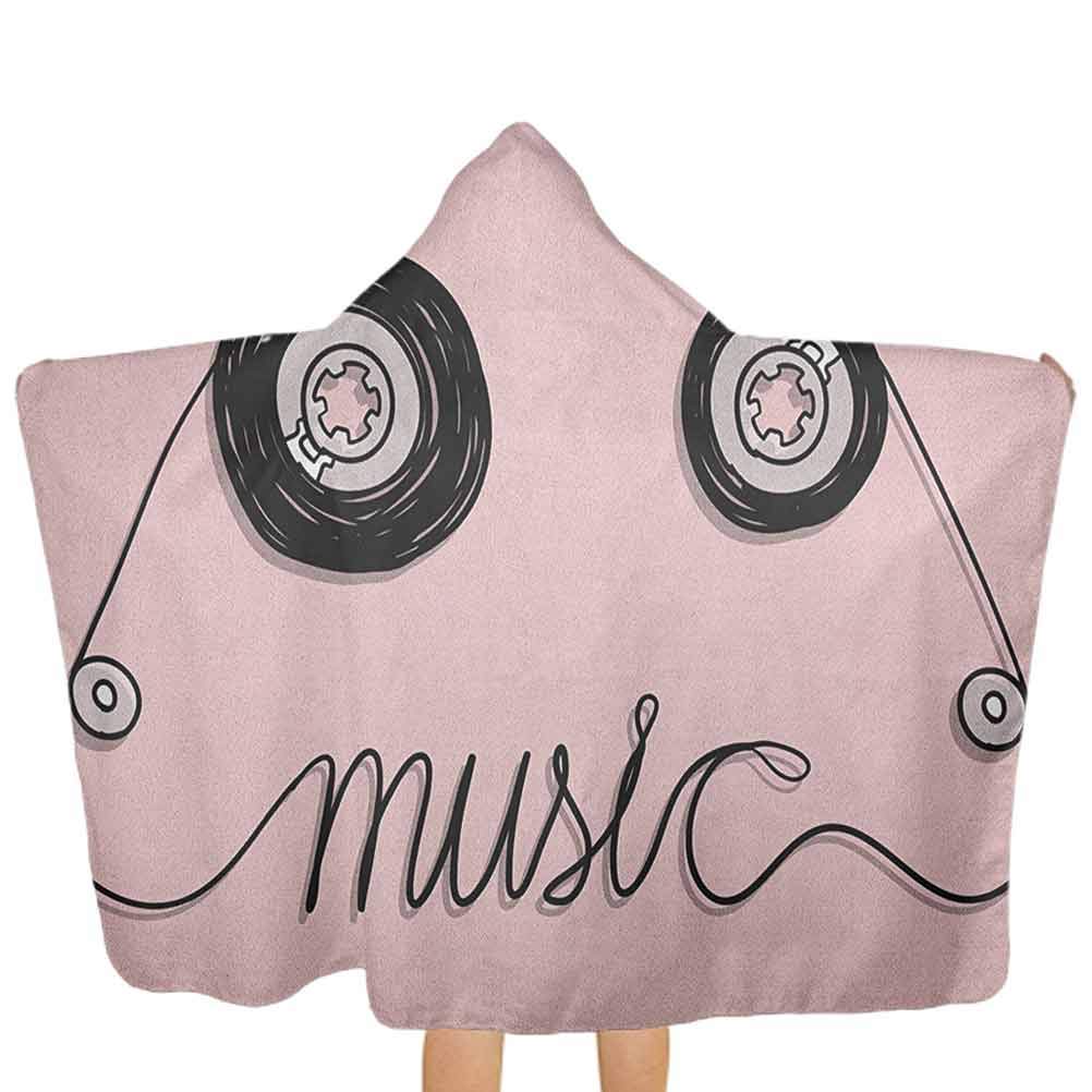 Kids Hooded Beach Towel Music Letters Written by Cassette Tape Loud Improvisation Beat Pulse Tempo Image Fast Drying Ultra Absorbent Poncho for Bath/Pool/Beach Swim Cover Pink Black 51.5x31.8 Inch
