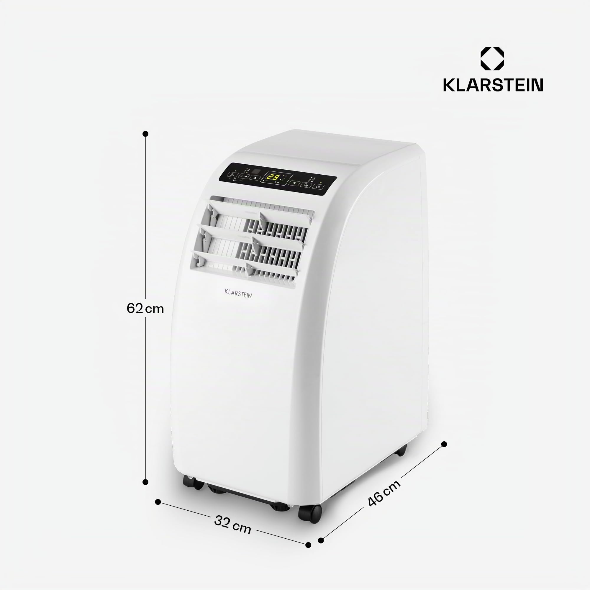 Klarstein Aire Acondicionado Portatil y Silencioso, 4 en 1 Climatizador de Aire para Casas y Oficinas, con Modo Noche, Deshumidificador y Ventilador, Aires Acondicionados Bajo Consumo 10,000 BTU