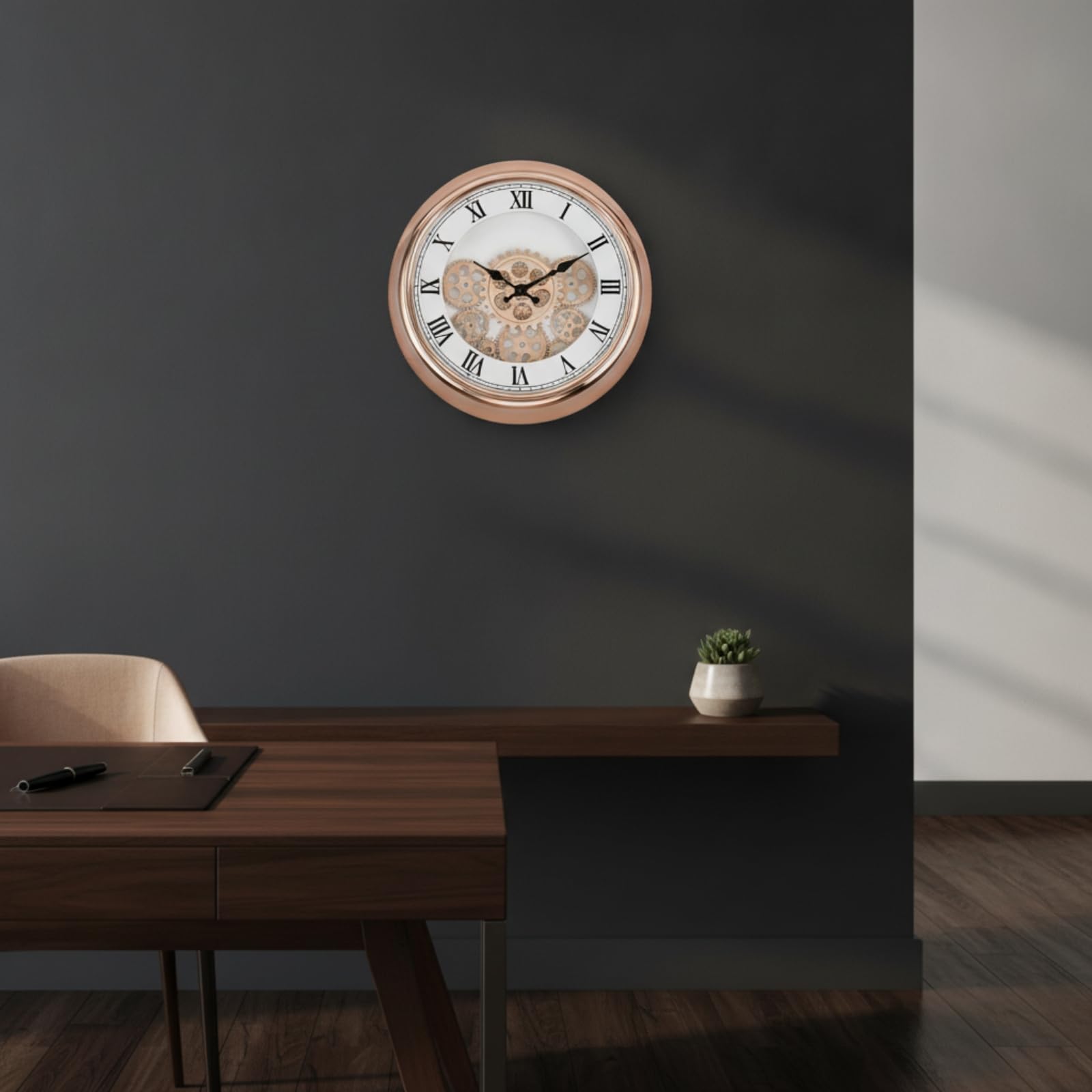 Reloj de Pared Analógico Redondo con, Reloj De Pared con Engranajes Visibles, Números Arábigos, Esfera Negra Y Marco Plateado