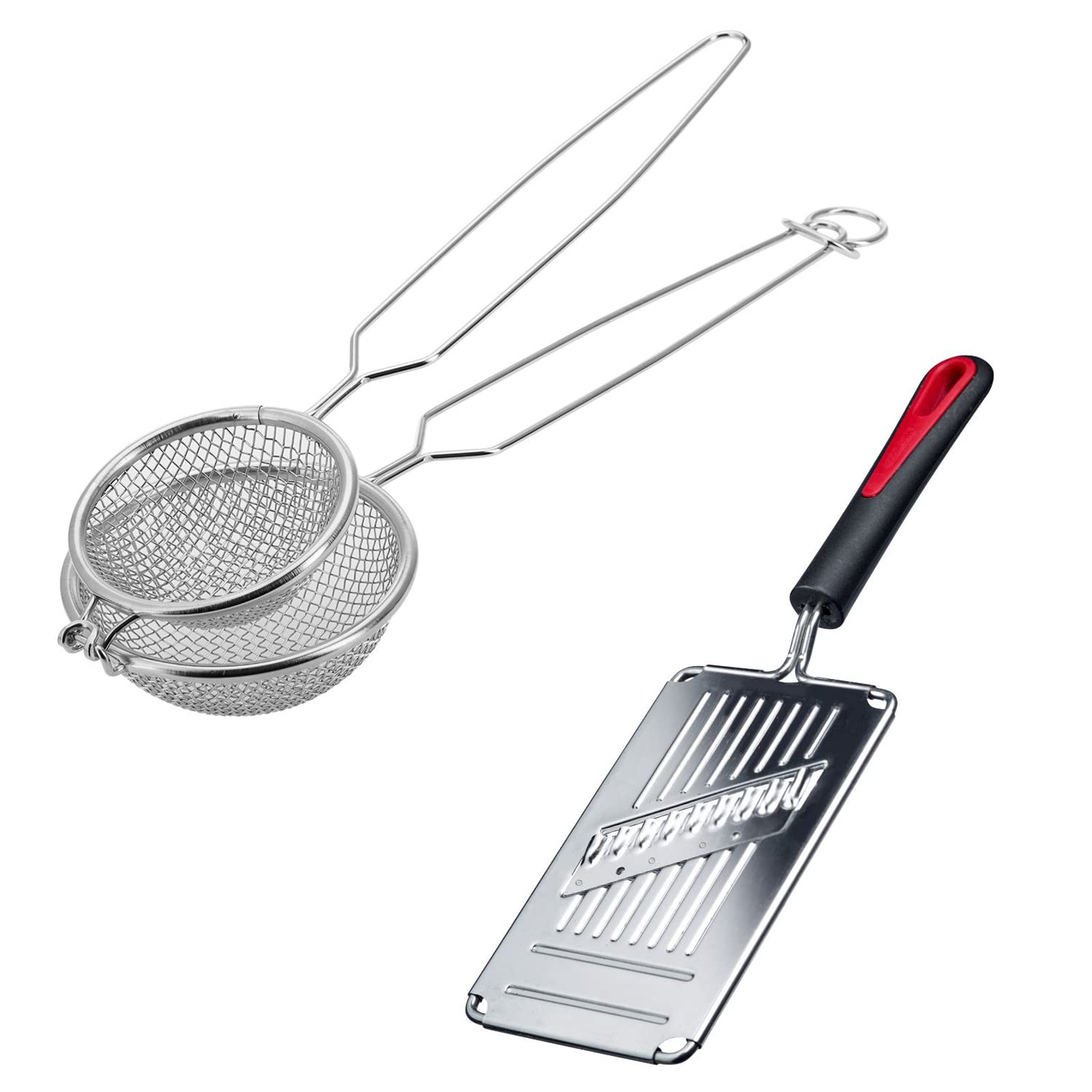 Westmark Silver/Black/Red Bird's Nest Fryer, Diameter 10 Cm + Potato Wave/Waffle/Lattice Slicer, Gallant, Stainless Steel/Plastic, 124322E6