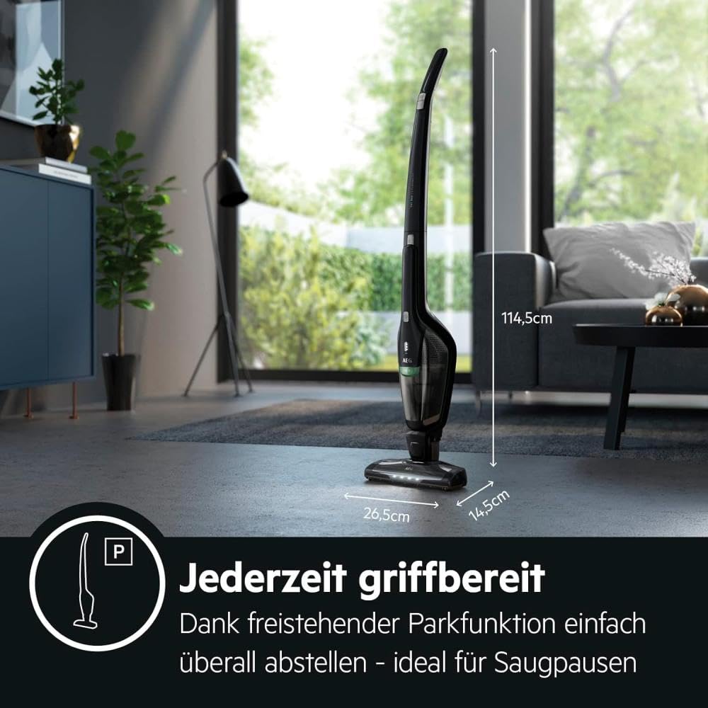 AEG Serie 3000 Ergorapido CX7-2-45MÖ 2in1 Akku Staubsauger, 50% Recyclingmaterial, beutellos, bis zu 45 min Laufzeit, freistehend, wendig, Bürstenreinigungsfunktion, LED, 0.5L, schwarz