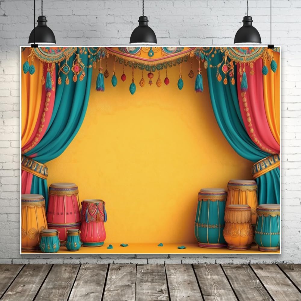 10x8ft India Pooja Backdrop for Photography Yellow and Blue Curtains Diwali Decorations Puja Ganpati Mehndi Festival Traditional Background Wedding Birthday Party Supplies Portrait Photoshoot