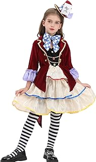 NSPSTT Kids Mad Hatter Costume for Girl Halloween Dress Child Costume Hat Dress Stockings 7PCS, Wine Red, X-Large