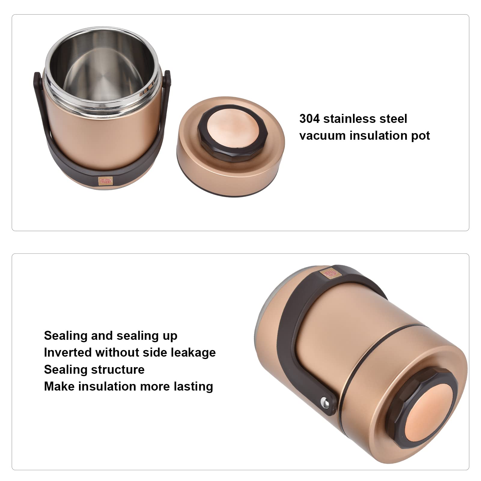 Jenngaoo Vakuum Lunchbox, 1500ml 2 Stöckiger Edelstahl isolierter Behälterbehälter, Thermobehälter Brotdose für Warmes Geschirr, Mahlzeiten, Suppe, Obst (Gold)