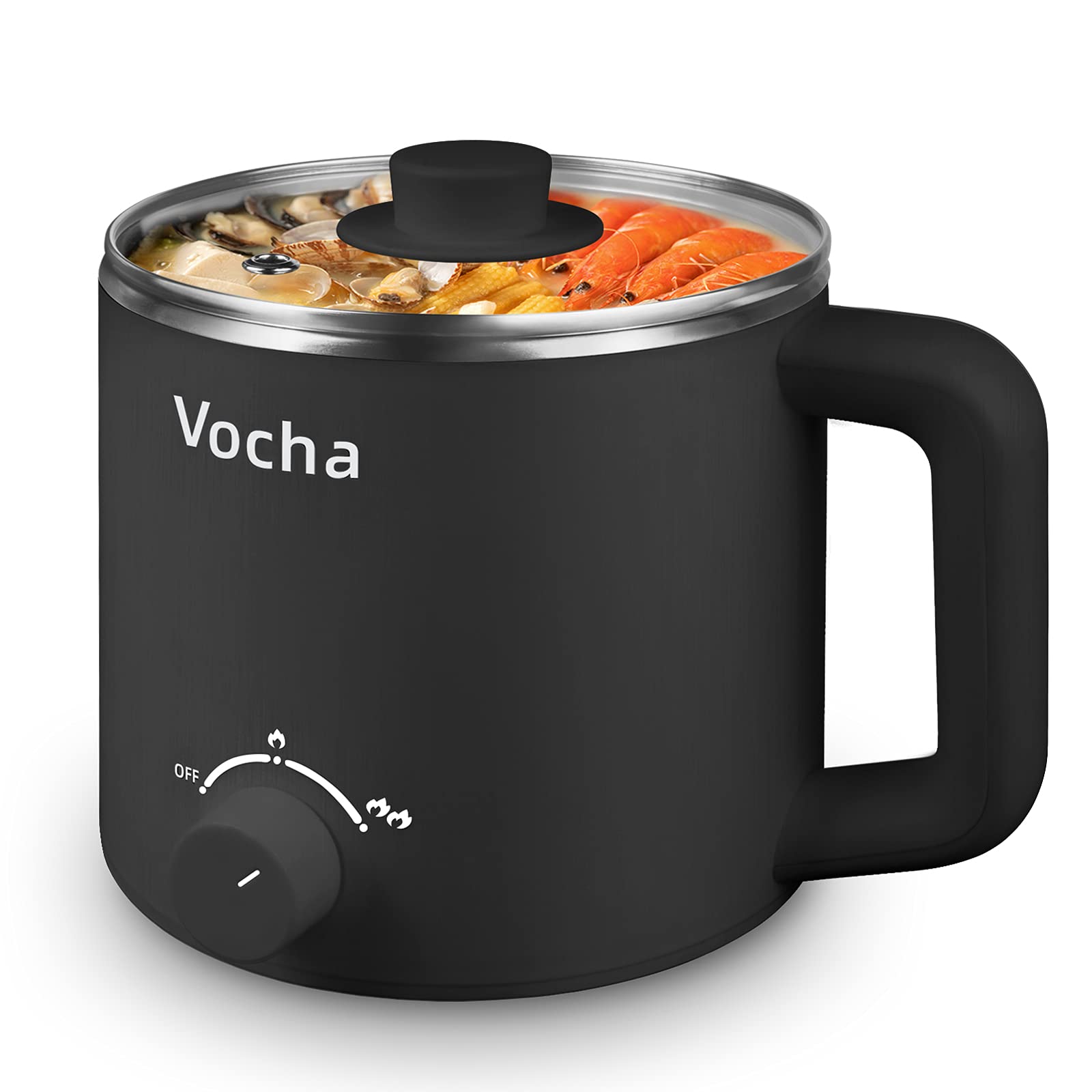 Vocha Electric Hot Pot,1.6L Rapid Noodles Cooker,Multi-Functional Mini Stock Pot Non-Stick for Soup, Ramen, Pasta, Oatmeal, Egg, with Over-Heating Protection, Boil Dry Protection, Dual Power - Black