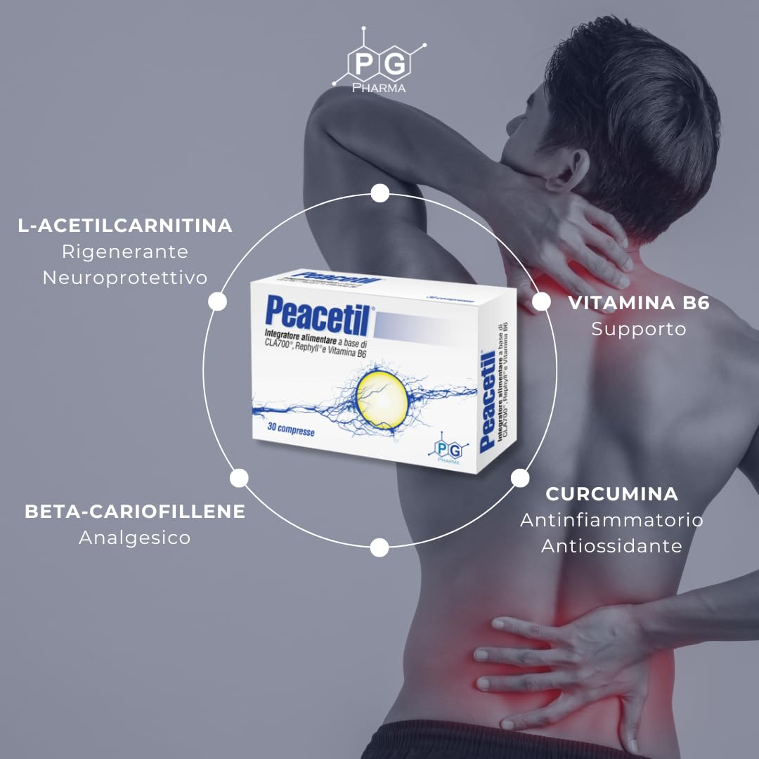 Integratore 100% naturale per nervi infiammati, neuropatie e fibromialgia | con L-Acetilcarnitina, Curcumina, Beta-Cariofillene e Vitamina B6 | 30 compresse| PG Pharma