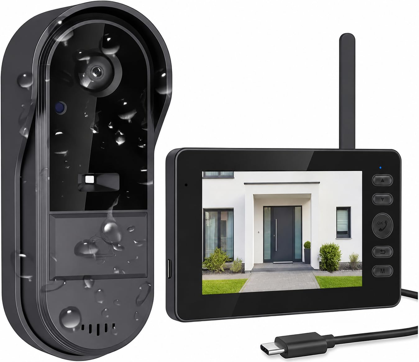 Funkklingel mit Kamera, Kabellose Video Türklingel mit 4,3" IPS Monitor, ohne WLAN & App, Türsprechanlage, Gegensprechfunktion, Monitoraktivierung per Tastendruck, 170° Weitwinkel, LED Nachtsicht,IP65
